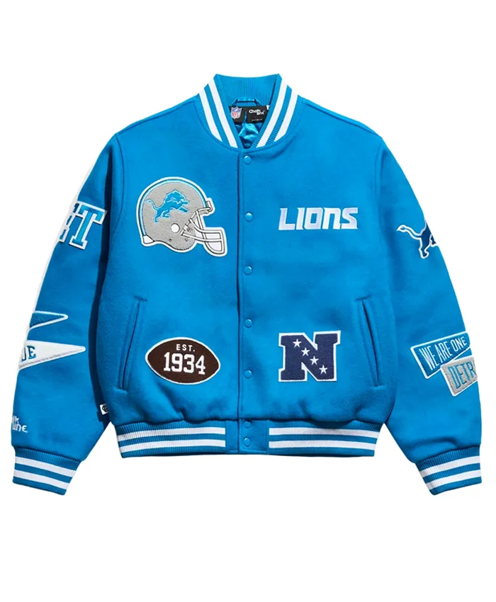 NFL Detroit Lions Chalk Line Full-Snap Blue Wool Pennant Varsity Jacket front view