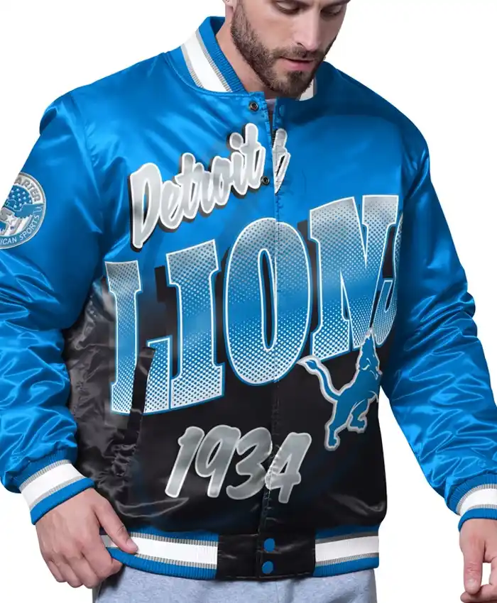 NFL Detroit Lions Starter Pass Rush Full-Snap Blue Satin Varsity Jacket front view