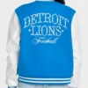 NFL Detroit Lions Women's The Wild Collective Blue And White Pearl Varsity Jacket back view