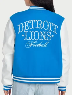 NFL Detroit Lions Women's The Wild Collective Blue And White Pearl Varsity Jacket back view