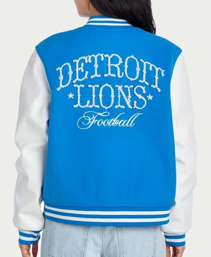 NFL Detroit Lions Women's The Wild Collective Blue And White Pearl Varsity Jacket back view