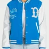 NFL Detroit Lions Women's The Wild Collective Pearl Blue And White Varsity Jacket front view