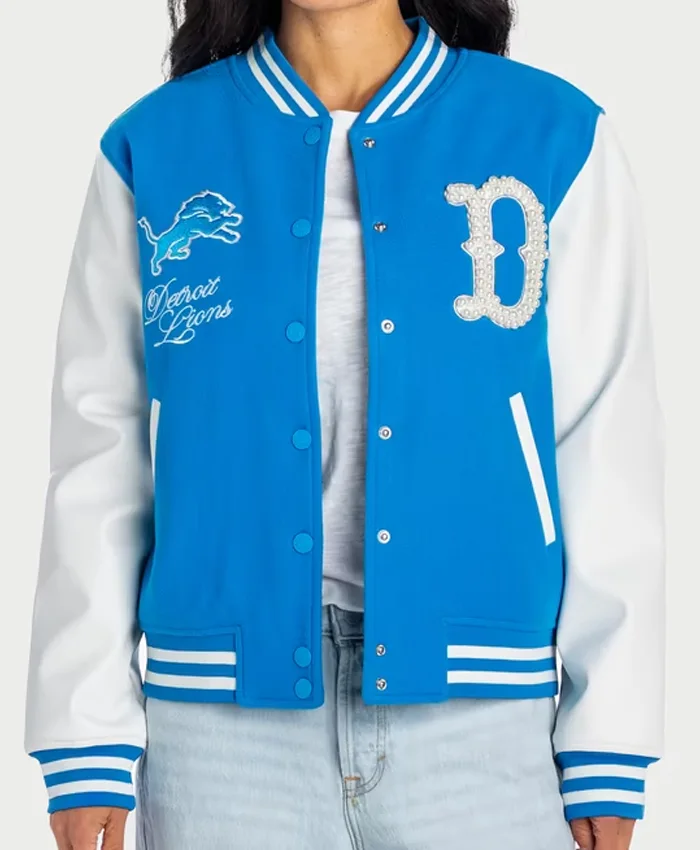 NFL Detroit Lions Women's The Wild Collective Pearl Blue And White Varsity Jacket front view