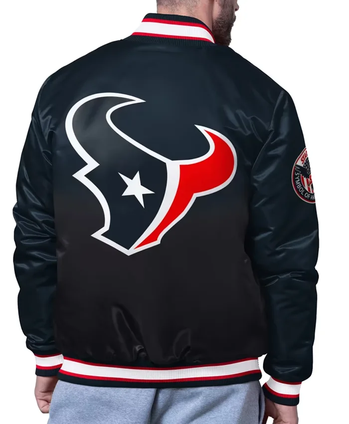 NFL Houston Texans Starter Pass Rush Full-Snap Black Satin Varsity Jacket front view