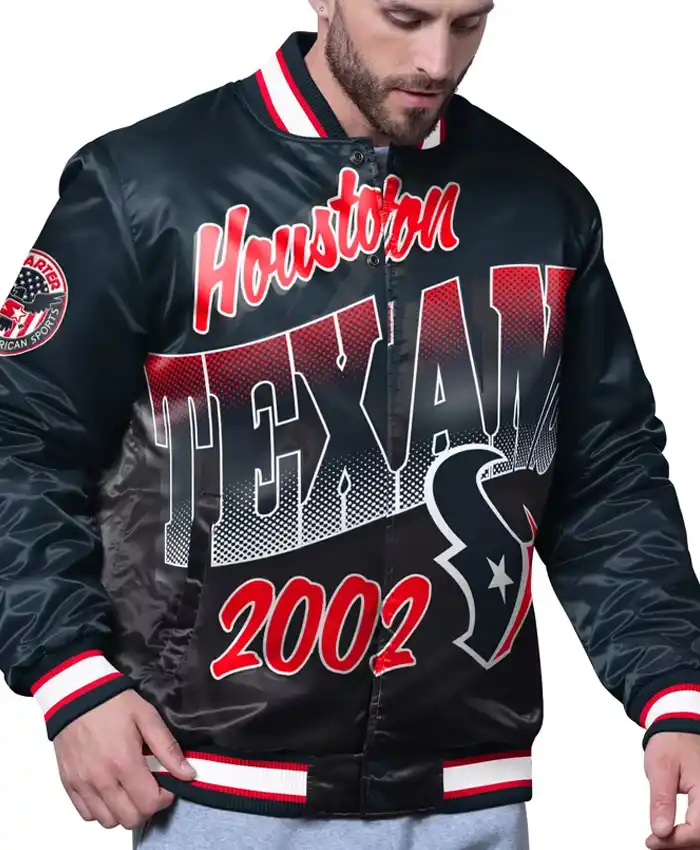 NFL Houston Texans Starter Pass Rush Full-Snap Black Satin Varsity Jacket front view