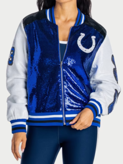 NFL Indianapolis Colts The Wild Collective Royal And White Sequin Bomber Jacket