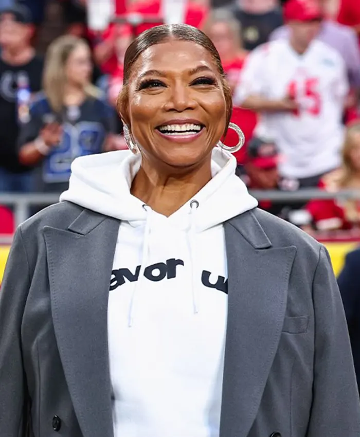 NFL Kansas City Chiefs Game GEHA Field Queen Latifah Cotton Grey Trench Coat front view