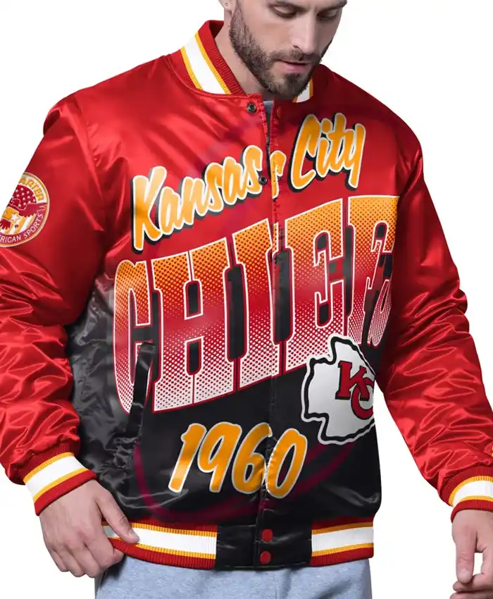 NFL Kansas City Chiefs Starter Pass Rush Full-Snap Red Satin Varsity Jacket front view