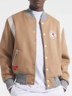 NFL Kansas City Chiefs x Todd Snyder Oatmeal Cashmere Full-Snap Wool Varsity Jacket front view