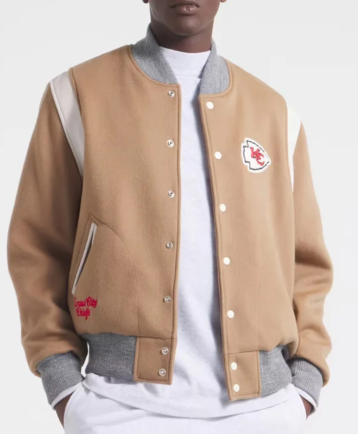 NFL Kansas City Chiefs x Todd Snyder Oatmeal Cashmere Full-Snap Wool Varsity Jacket front view