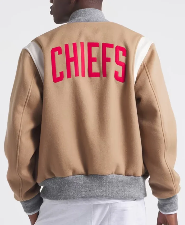 NFL Kansas City Chiefs x Todd Snyder Oatmeal Cashmere Wool Full-Snap Varsity Jacket back view