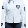NFL Las Vegas Raiders Jeff Hamilton Women's White Cafe Racer Moto Leather Jacket front view