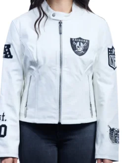 NFL Las Vegas Raiders Jeff Hamilton Women's White Cafe Racer Moto Leather Jacket front view