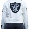 NFL Las Vegas Raiders Jeff Hamilton Women's White Moto Cafe Racer Leather Jacket back view