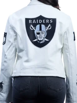 NFL Las Vegas Raiders Jeff Hamilton Women's White Moto Cafe Racer Leather Jacket back view