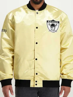NFL Las Vegas Raiders Lightweight Satin Golden Varsity Bomber Jacket front view