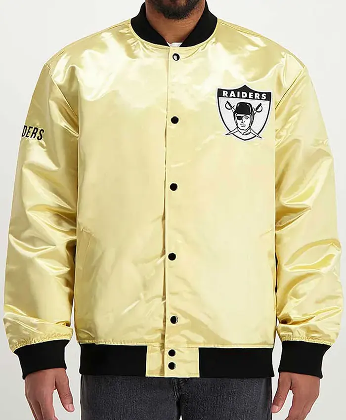 NFL Las Vegas Raiders Lightweight Satin Golden Varsity Bomber Jacket front view