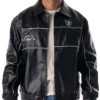 NFL Las Vegas Raiders Minwoo Lee Black Leather Racing Varsity Jacket front view