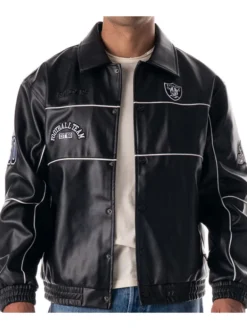 NFL Las Vegas Raiders Minwoo Lee Black Leather Racing Varsity Jacket front view