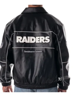 NFL Las Vegas Raiders Minwoo Lee Black Leather Varsity Racing Jacket back view