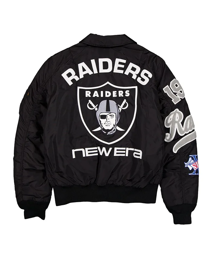 NFL Las Vegas Raiders New Era x Alpha Industries MA-1 Flight Satin Black Bomber Jacket back view