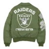 NFL Las Vegas Raiders New Era x Alpha Industries MA-1 Flight Satin Green Bomber Jacket back view