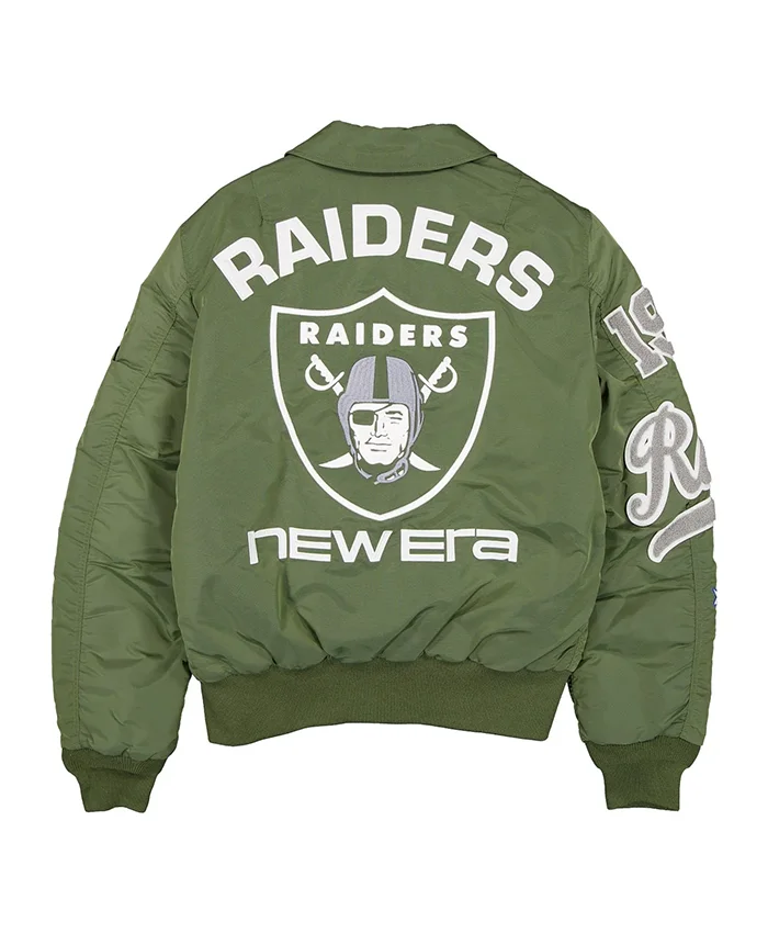 NFL Las Vegas Raiders New Era x Alpha Industries MA-1 Flight Satin Green Bomber Jacket back view