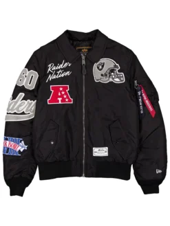 NFL Las Vegas Raiders New Era x Alpha Industries Satin Black MA-1 Flight Bomber Jacket front view