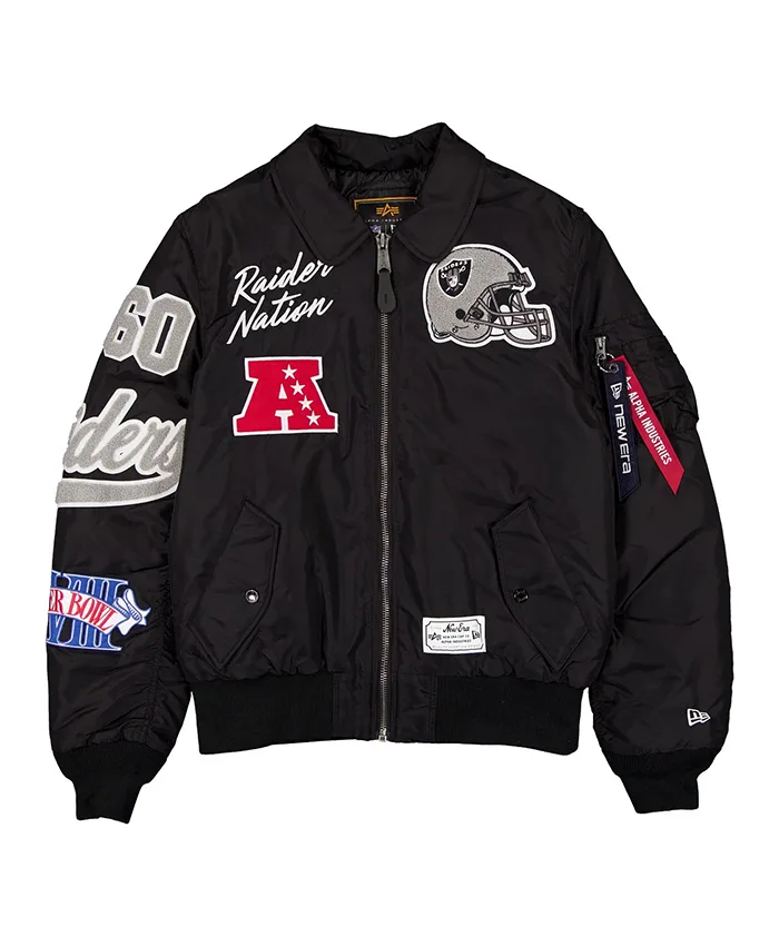NFL Las Vegas Raiders New Era x Alpha Industries Satin Black MA-1 Flight Bomber Jacket front view
