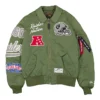 NFL Las Vegas Raiders New Era x Alpha Industries Satin Green MA-1 Flight Bomber Jacket front view