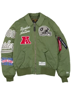 NFL Las Vegas Raiders New Era x Alpha Industries Satin Green MA-1 Flight Bomber Jacket front view