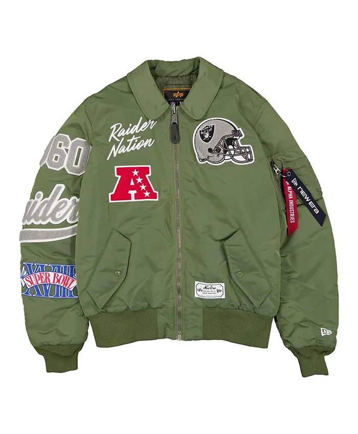 NFL Las Vegas Raiders New Era x Alpha Industries Satin Green MA-1 Flight Bomber Jacket front view