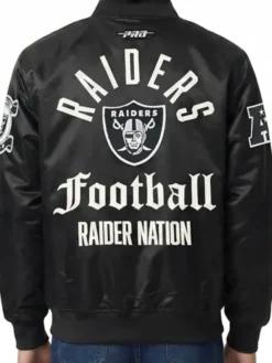 NFL Las Vegas Raiders Original Pro Standard Black And White Satin Varsity Jacket back view