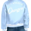 NFL Los Angeles Chargers Women's Starter Light Blue Fashion Script Satin Varsity Jacket back view