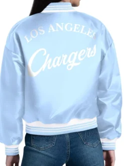 NFL Los Angeles Chargers Women's Starter Light Blue Fashion Script Satin Varsity Jacket back view