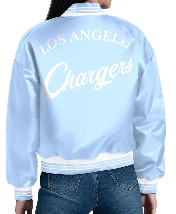 NFL Los Angeles Chargers Women's Starter Light Blue Fashion Script Satin Varsity Jacket back view