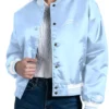 NFL Los Angeles Chargers Women's Starter Light Fashion Script Blue Satin Varsity Jacket front view