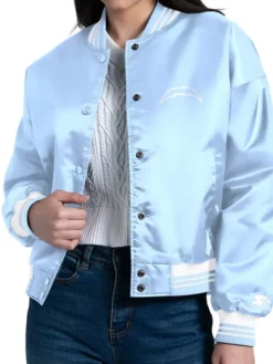 NFL Los Angeles Chargers Women's Starter Light Fashion Script Blue Satin Varsity Jacket front view