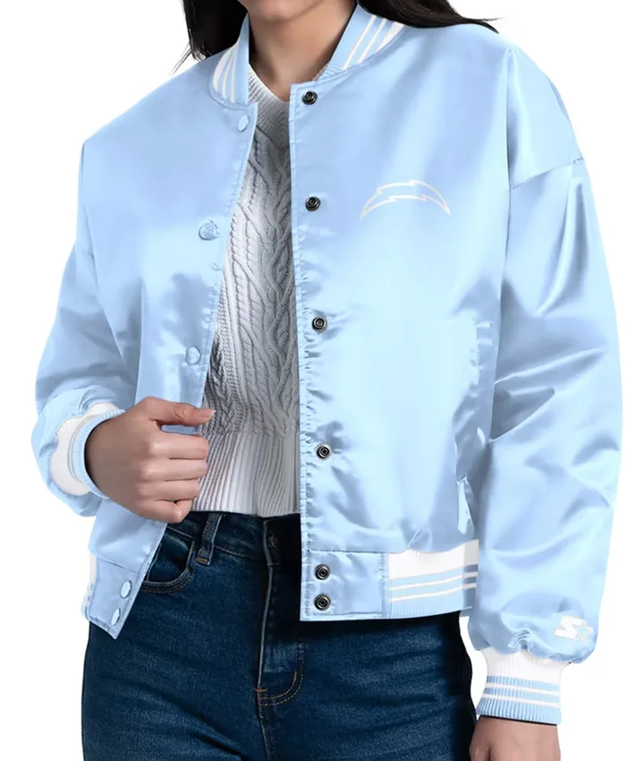 NFL Los Angeles Chargers Women's Starter Light Fashion Script Blue Satin Varsity Jacket front view