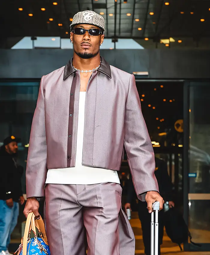 NFL Los Angeles Rams Quentin Lake Arrival Mauve Grey Cotton Cropped Jacket front view