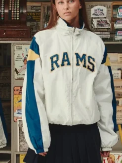 NFL Los Angeles Rams x Elwood Off-White Retro Blue And Gold Helmet Windbreaker Jacket front view