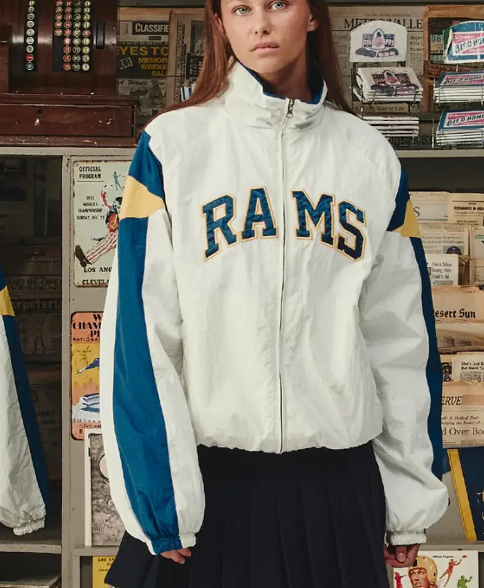 NFL Los Angeles Rams x Elwood Off-White Retro Blue And Gold Helmet Windbreaker Jacket front view
