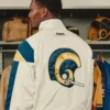 NFL Los Angeles Rams x Elwood Off-White Retro Windbreaker Blue And Gold Helmet Jacket back view