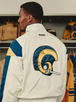 NFL Los Angeles Rams x Elwood Off-White Retro Windbreaker Blue And Gold Helmet Jacket back view