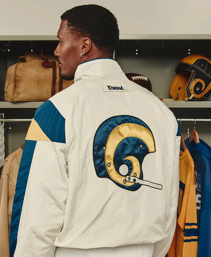 NFL Los Angeles Rams x Elwood Off-White Retro Windbreaker Blue And Gold Helmet Jacket back view