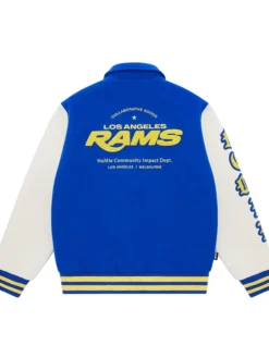 NFL Los Angeles Rams x Homie Blue And White Wool Leather Varsity Jacket back view