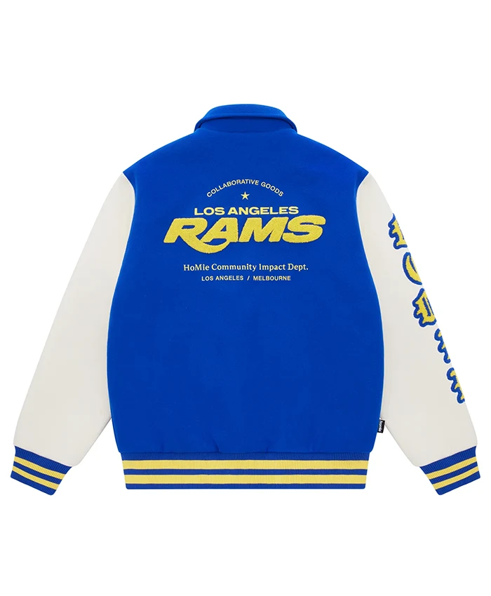NFL Los Angeles Rams x Homie Blue And White Wool Leather Varsity Jacket back view