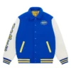 NFL Los Angeles Rams x Homie Blue And White Wool Leather Varsity Jacket front view