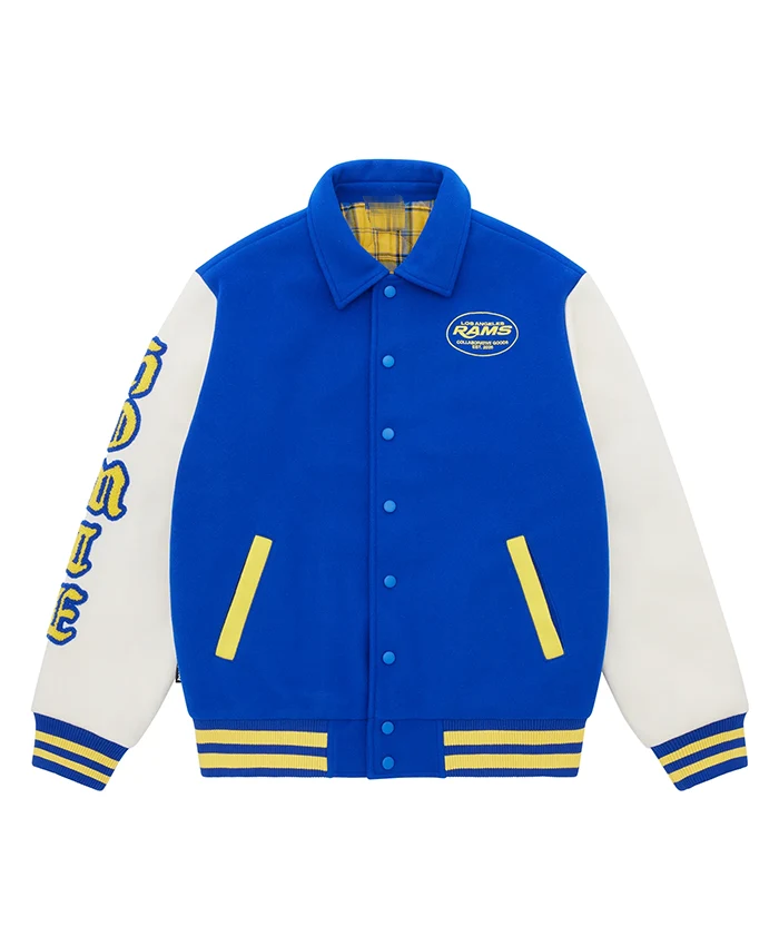 NFL Los Angeles Rams x Homie Blue And White Wool Leather Varsity Jacket front view