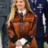 NFL Packers vs Eagles 2026 Luisa Sonza Performance Brown Leather Jacket front view
